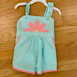 Beaufort Bonnet Company, Ruthie Romper with Flower Appliqué in Seafoam- Size 2T